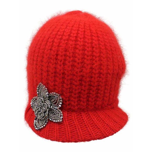 Angora Knit Newsboy Hat With Beaded Flower - Picture 7 of 8